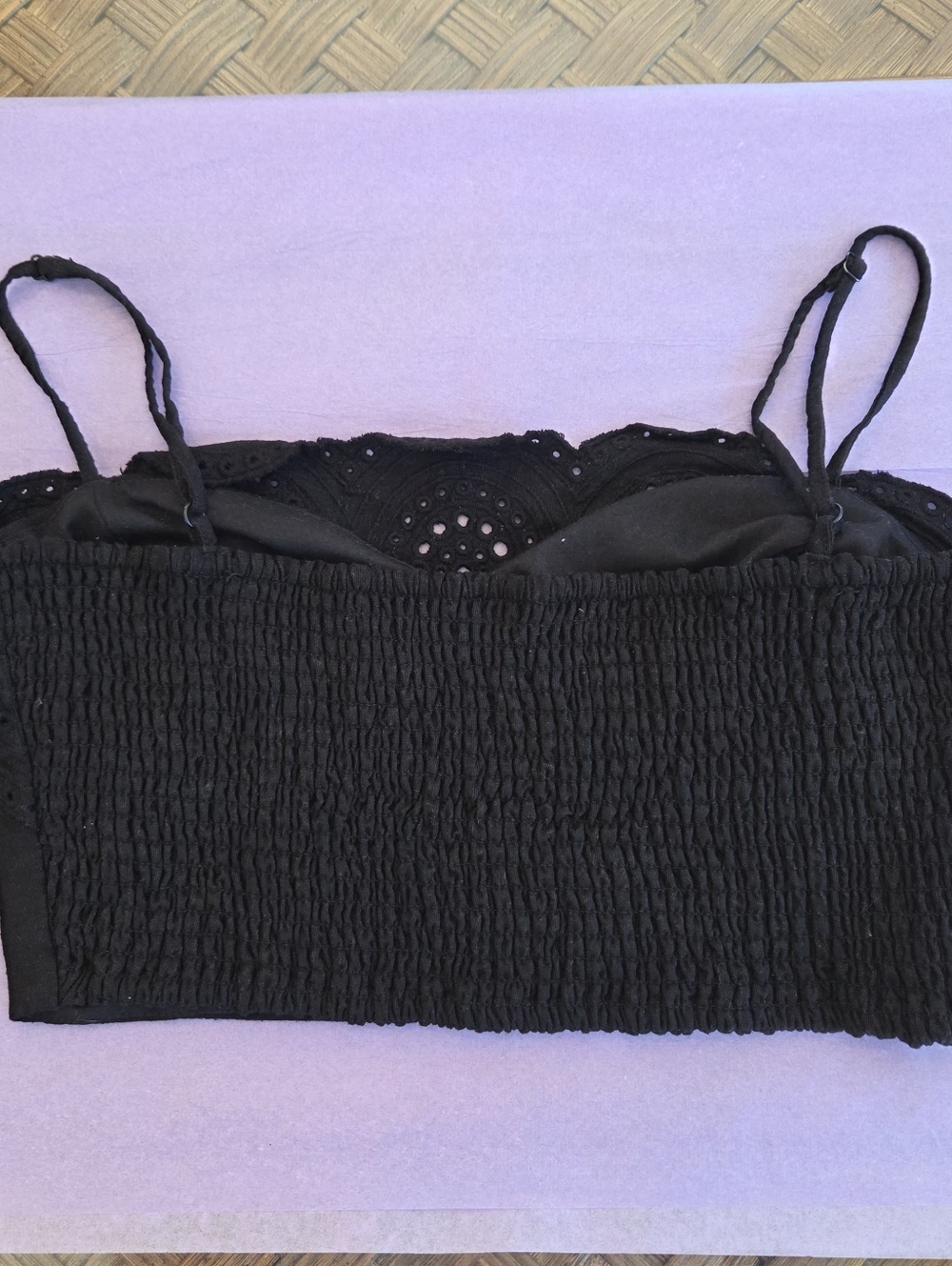 Sigrid Olsen Linen Crop Top Artisan Crafted Eyelet Scalloped Black L Smock Back - Picture 6 of 11